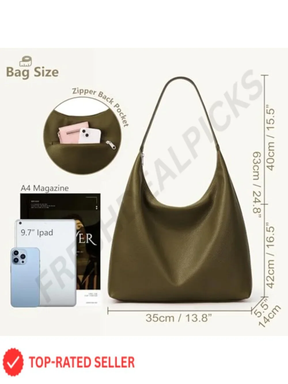 Large Slouchy Vegan Leather Hobo Tote Bag with Zipper Pockets